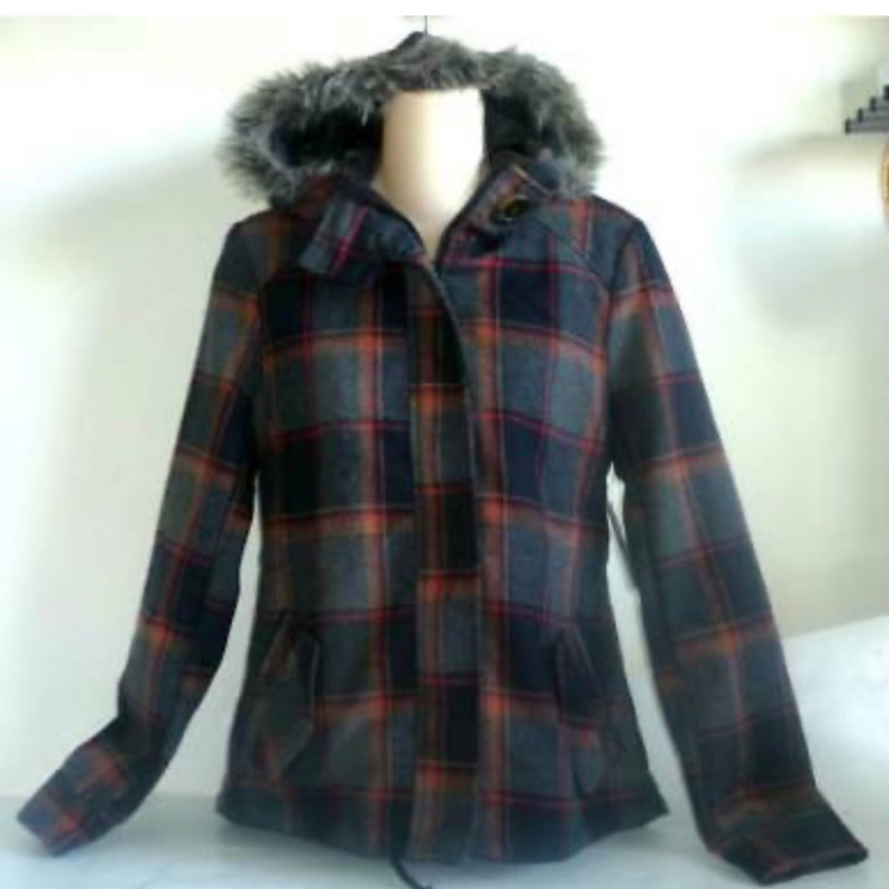 Fur hood, plaid jacket